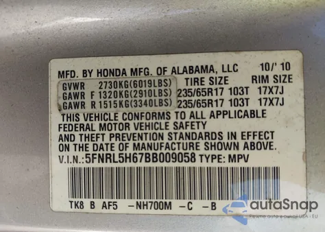2011 Honda Odyssey Ex-L from USA, damaged, VIN 5FNRL5H67BB009058